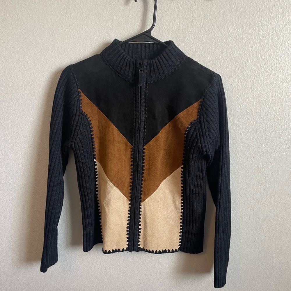 Suede detailed black sweater zip up